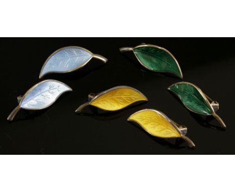 Three pairs of sterling silver guilloché enamel earrings, c.1950,by David Andersen, designed by Willy Winnaess, each pair of 