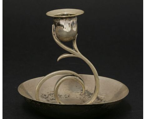 An Arts and Crafts silver candlestick, by Cyril Frost, maker's mark of CJF, London 1945, the sconce on pierced scrolling supp