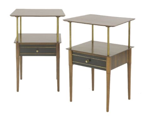 A pair of teak and ebonised lamp tables,1950s, with a shelf and a drawer, brass mounted,42cm wide35cm deep62cm high (2)