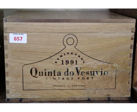 A case of six bottles of Symington's Quinta do Vesuvio 1991 vintage port, in original oak case, with ceramic bin label, in ca