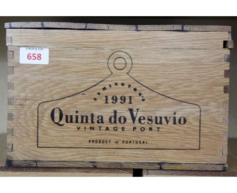 Three bottles of Symington's Quinta do Vesuvio 1991 vintage port, in original oak (six bottle) case, with ceramic bin label, 
