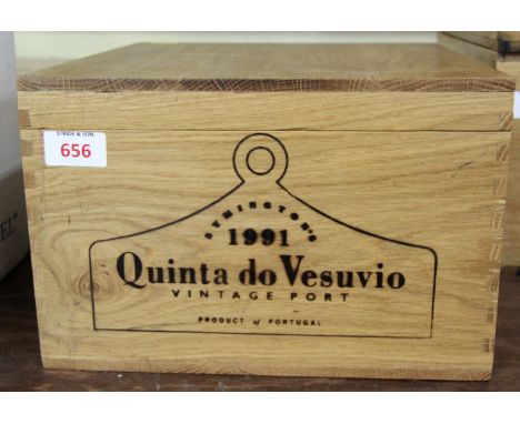 A case of six bottles of Symington's Quinta do Vesuvio 1991 vintage port, in original oak case, with ceramic bin label, in ca