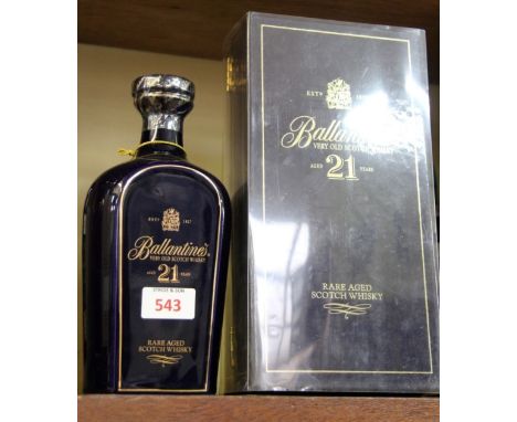 A 70cl Wade decanter of Ballantine's 21 year old blended whisky, in blue card box.   Condition Report:  Box slightly squashed