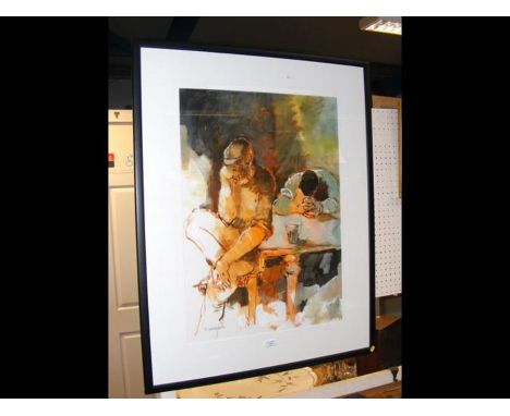 R SARTORETTO - two men drinking - mixed media - 68cm x 48cm - framed and glazed 