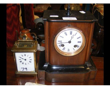 A wooden mantel clock together with a carriage clockCONDITION REPORTgood conditionwooden clock winds and runscarriage clock d