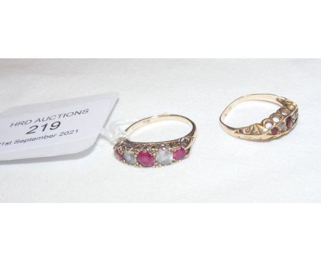 A yellow metal ring mounted with diamonds and rubies, together with another ruby and diamond ring 