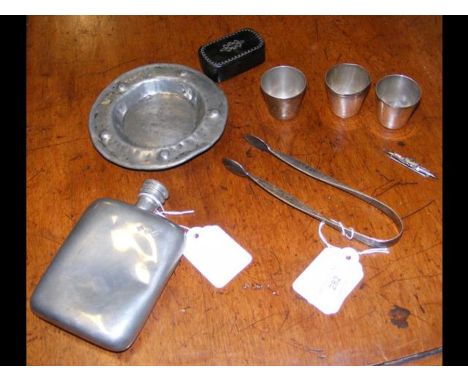 Snuff box, sugar tongs etc
