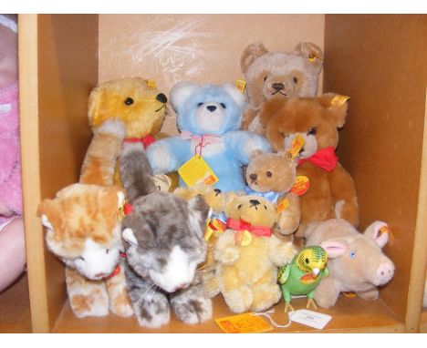 A selection of modern Steiff Teddy Bears, cats, pigs and birds