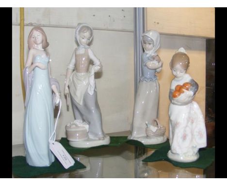 Two Lladro female figures, together with two Nao female figures 