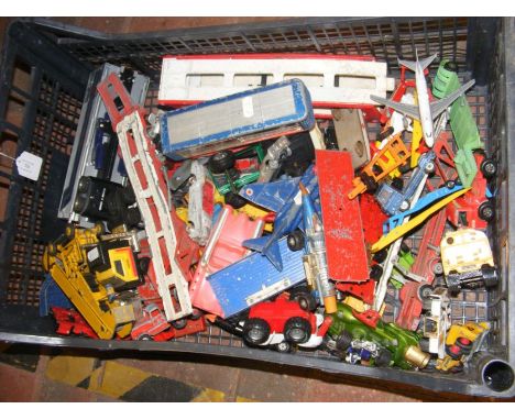 A collection of play worn die cast model trains, planes and other vehicles