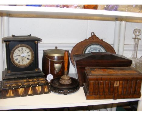 An aneroid wall barometer, cigar barrel, tea caddy, mantel clock, etc. 