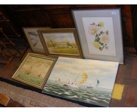 Assorted pictures including floral watercolour by R A Bennett