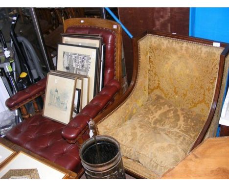 A Victorian button back armchair together with an Edwardian wing chair