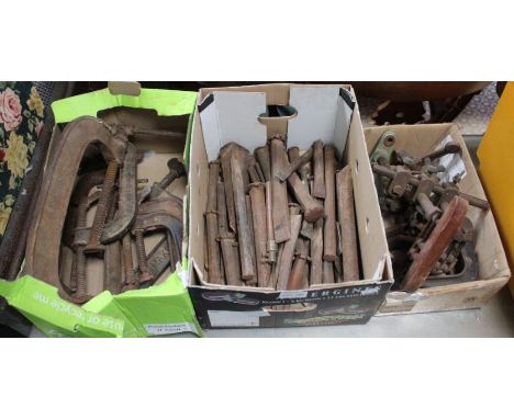 3 boxes of metal tools to include chisels and clamps 