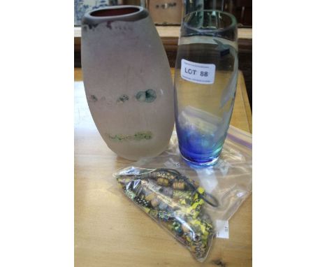 A selection of glass slave beads, and two modern glass vases, one being Caithness