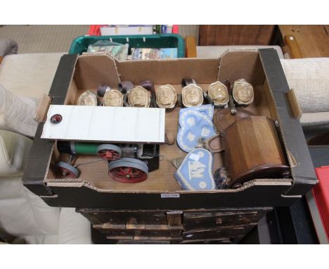 A box containing novelty pipe rack  with pipes, tobacco jar, Wedgwood jasperware, and a steam engine
