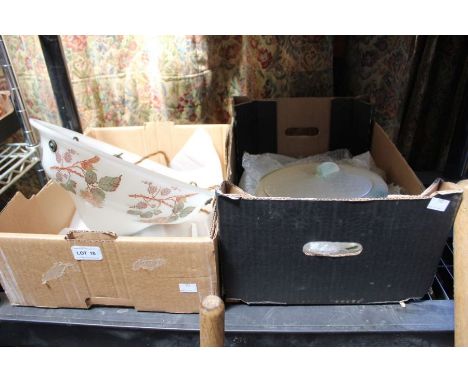 A pottery fish table service, a decorative glass light shade and a black &amp; white print