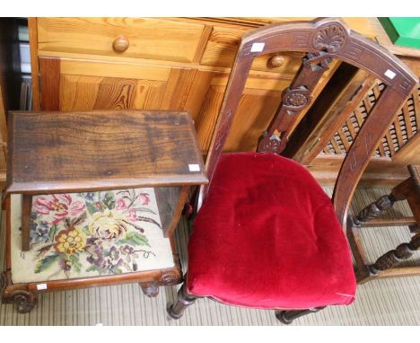 A 19th century single chair of aesthetic form, together with two stools, one having scroll toe supports, and tapestry upholst