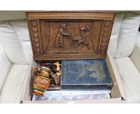 A box that includes an oak carved panel, book boxes, auctioneers’ gavel, corkscrews etc.