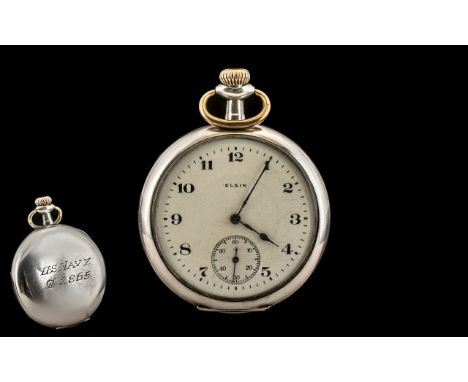 Elgin - Illinois W. C. Co. Keyless Sterling Silver U. S. Navy/Military 2865 Open Faced Pocket Watch.  Scarce watch, circa 190