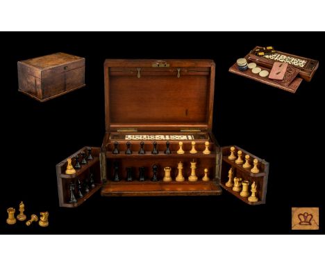 Mid 19th Century -Staunton Chess Set &amp; Burr Walnut Games Compendium Cabinet Box with Fitted Interior / Compartments. Comp