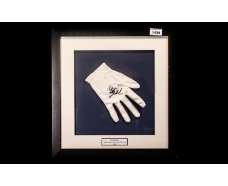 Golf Interest - Phil Mickelson Framed Signed Glove from 2012 Open Golf Championship at Royal Lytham.  In attractive modern bl