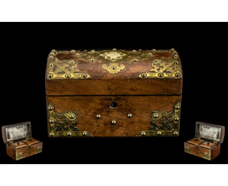 Victorian Domed Walnut & Brass Tea Caddy.  Mid 19th Century Tea Caddy in form of chest, with brass moulding. Lovely design wi