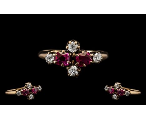 Antique Period Attractive 'Sweethearts' 18ct Gold Ruby &amp; Diamond Set Ring of pleasing design.  The natural twin set rubie