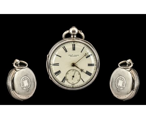 Charles Calow of Belfast Excellent Quality Fusee Open Faced Silver Pocket Watch with white enamel dial and secondary dial.  H