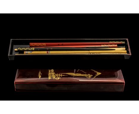 Chinese Lacquered Chopstick Case with numerous different chopsticks inside; 10.5 inches long