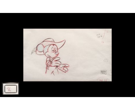 Framed Original Mickey Mouse Drawing Mk 31, Walt Disney stamp on paper, sketch of the mouse with artists' marks on. Unusual a