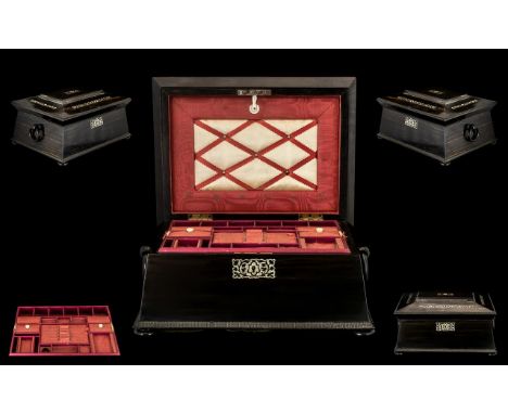 Mid Victorian Period Superb Quality Ladies Coromandel Twin Handle Lidded Sarcophagus Shaped Sewing Box. c.1840. With Mother o