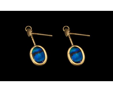 9ct Gold Opal Drop Earrings of vibrant colour. Please see accompanying image.