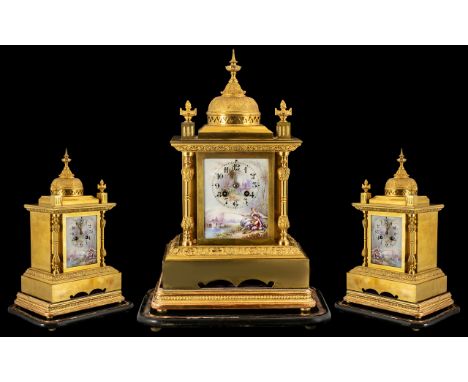 French 19th C Superb and Impressive Architectural Japy Freres 8 Day Striking Gilt Mantle Clock with painted enamel dial depic