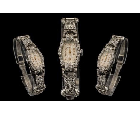 Ladies - Art Deco Period Stunning and Elegant Platinum and 18ct White Gold Mechanical Wind Diamond Set Cocktail Watch. c.1930