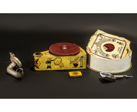 Rare German Tin Plate Child's Size Record Player spring wound, with collection of records including Merry Wives of Windsor, R