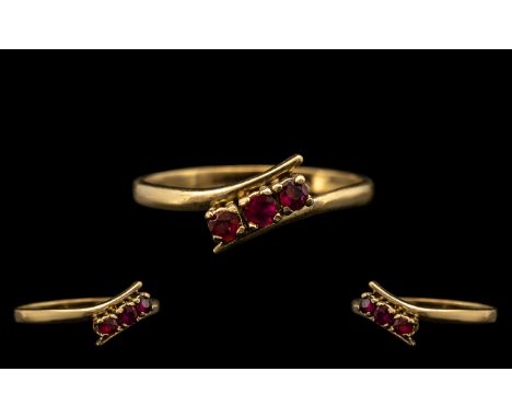 9ct Gold Vintage Ladies Ruby Dress Ring.  Ring set with three small rubies, ring size M.  Please see images.
