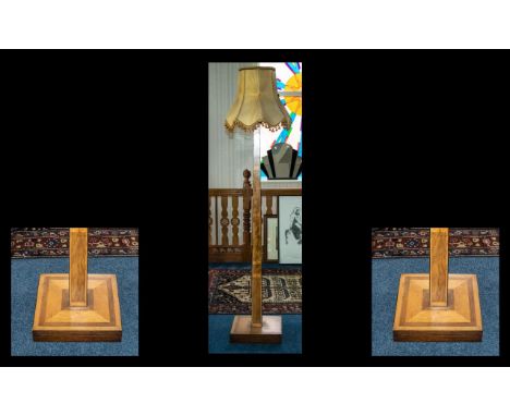 Art Deco Inlaid Walnut Standard Lamp with shade, of square tapering form, on a square base.  Height 6 feet.