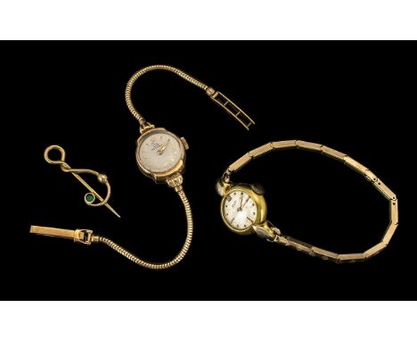 9ct Gold Vintage Ladies Record Watch with strap; Swiss made; with a gold plated Tissot watch and a 9ct gold and turquoise tie