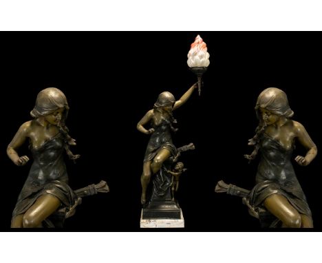 Large French Bronzed Patinated Antique Metal Lamp with original decorated shade, depicting a Classical maiden with Cupid, sit
