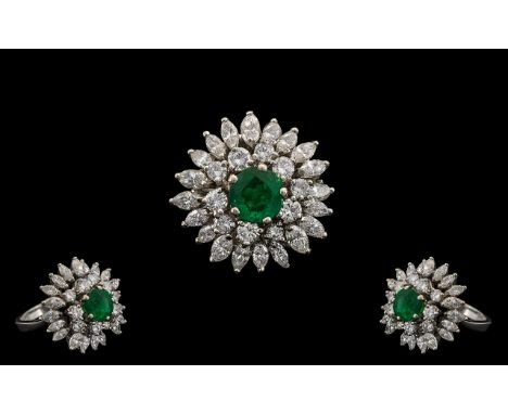 18ct White Gold Stunning Quality Diamond &amp; Emerald Set Cluster Ring of flowerhead design.  Marked 18ct to interior of sha