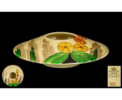 Art Deco Period Myott &amp; Co. Handpainted Flying Saucer Shaped Posy Holder in the Art Deco design, circa 1930.  Myott &amp;