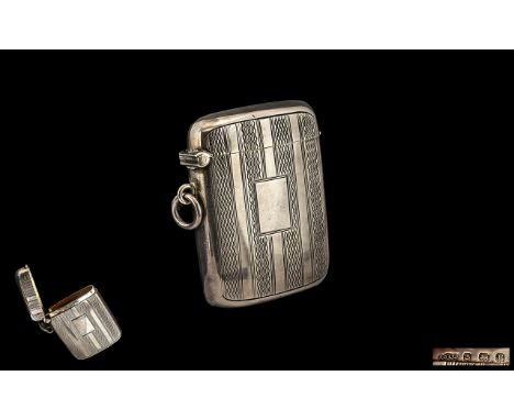 1930s Excellent Quality Engine Turned Silver Vesta Case in wonderful condition, as new, of large proportions.  Hallmark Birmi