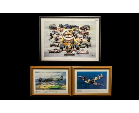 Motor Racing Print &amp; Two Spitfire Prints, comprising a Limited Edition Motor Racing Print, hand signed, framed behind gla