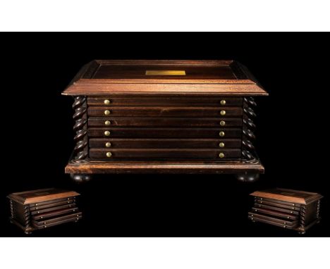 Coin Collector's Mahogany Cabinet fitted with four drawers, with red silk lining to the interior, barley twist applied column