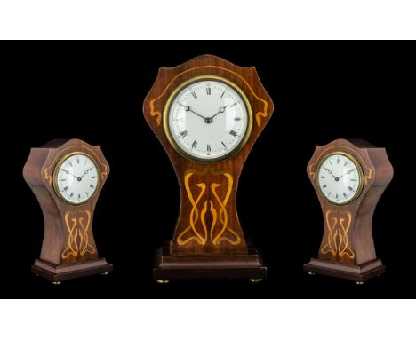 Edwardian Art Nouveau Inlaid Shaped Mahogany Mantle Clock with white enamel dial and Roman numerals; 12 inches high