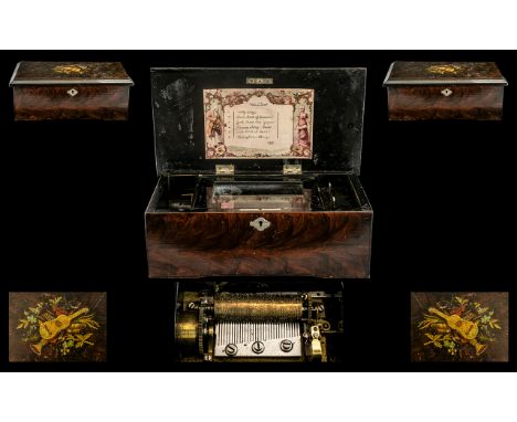 Swiss Late 19thC Fine Cylinder Music Box playing 6 airs with original time sheet. The cylinder is 3.5 inches -8,75 cms in len