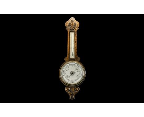 Antique British Made Aneroid Oak Barometer.  Antique large oak ornate aneroid barometer with thermometer. Decorative oak case