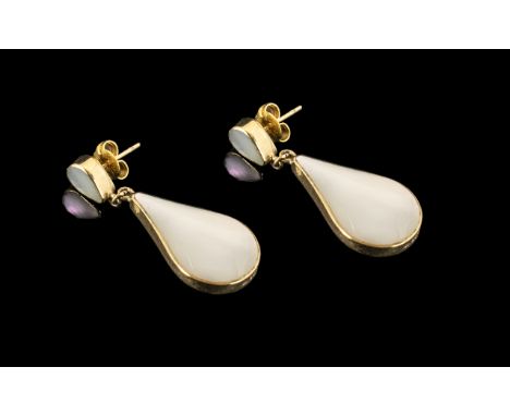Large 9ct Gold Drop Earrings set with mother-of-pearl and black polished onyx; good condition and quality throughout; 7.8gram