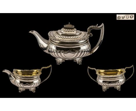 George III Top Quality Heavy &amp; Impressive Gold Gilt Interior 3 Piece Silver Tea Service by Crispin Fuller of London, high